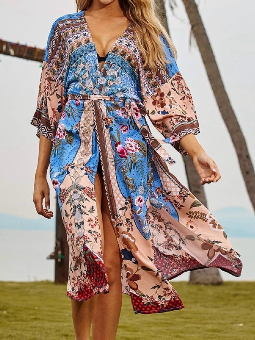 Bsubseach Boho Floral Open Front Long Kimono Cover-Up, Excellent Condition